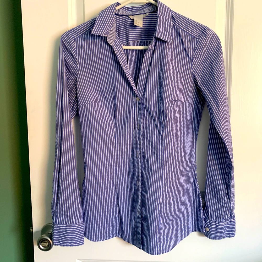 blue stripped fitted button down